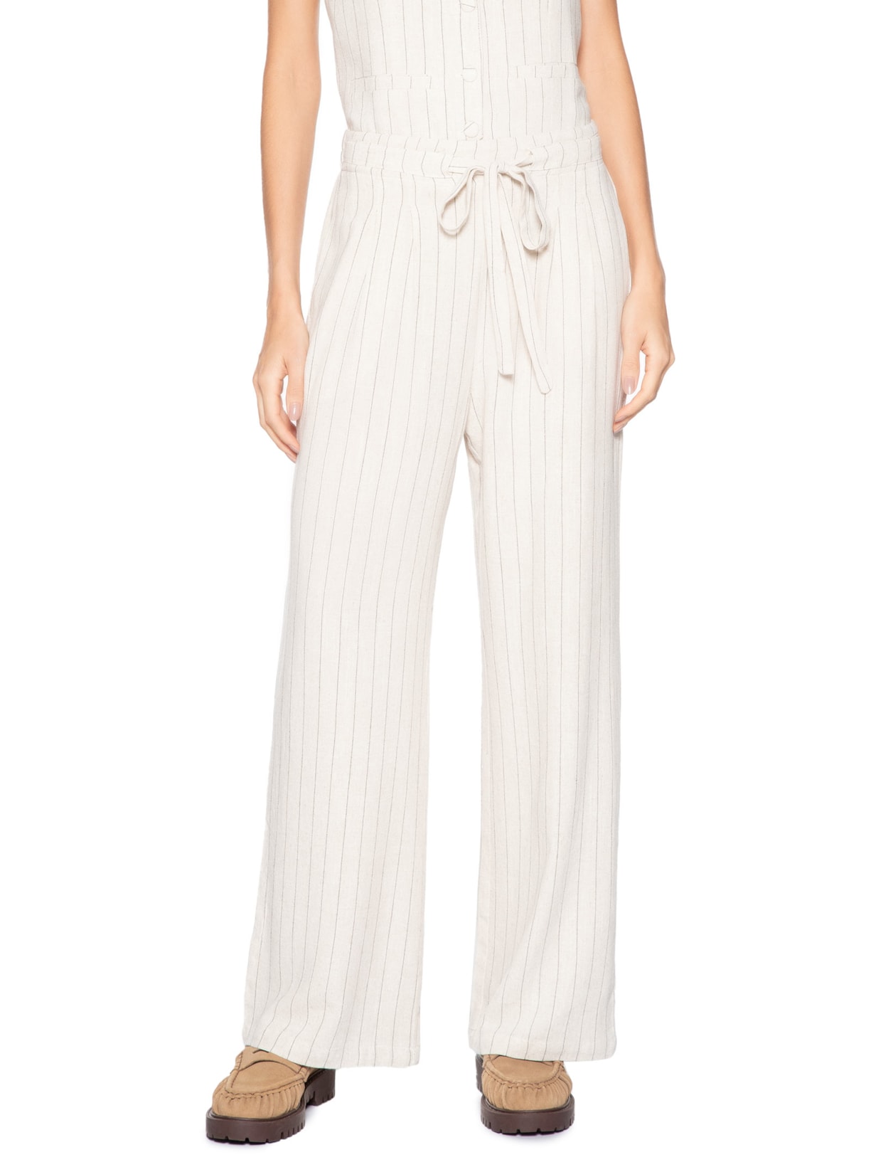 Calça Feminina Pantalona Risca De Giz Com Linho Bege Basiq