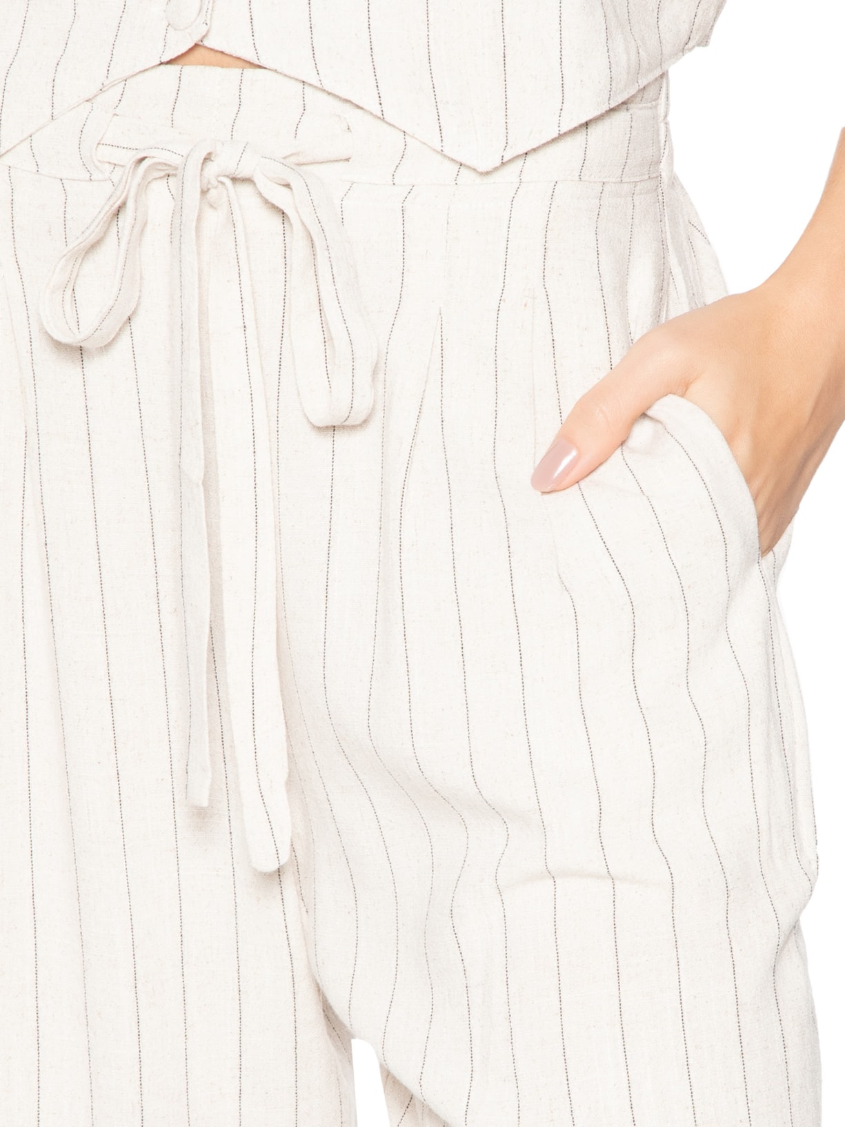 Calça Feminina Pantalona Risca De Giz Com Linho Bege Basiq