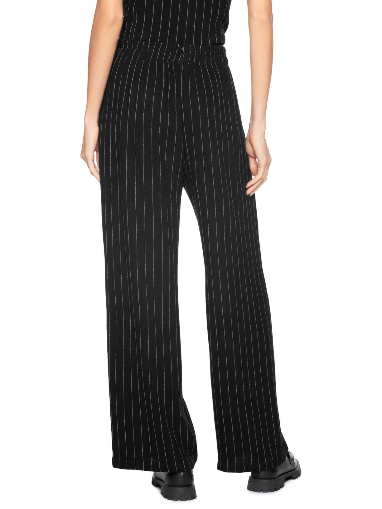 Calça Feminina Pantalona Risca De Giz Com Linho Preto Basiq