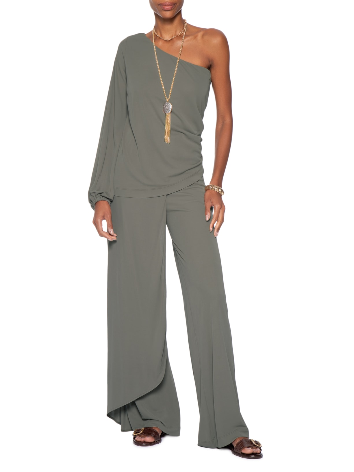 Calça Feminina Pantalona Transpasse Marrom Maria Filó