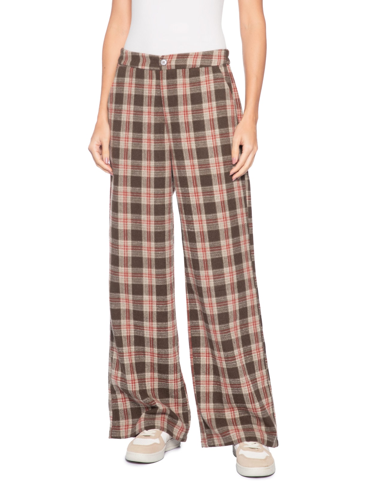 Calça Feminina Pantalona Xadrez Bege Basiq