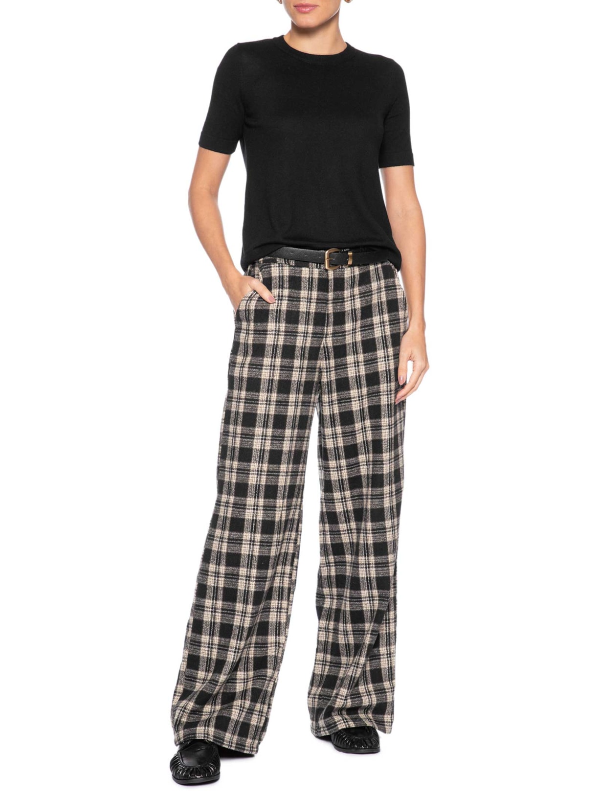 Calça Feminina Pantalona Xadrez Preto Basiq