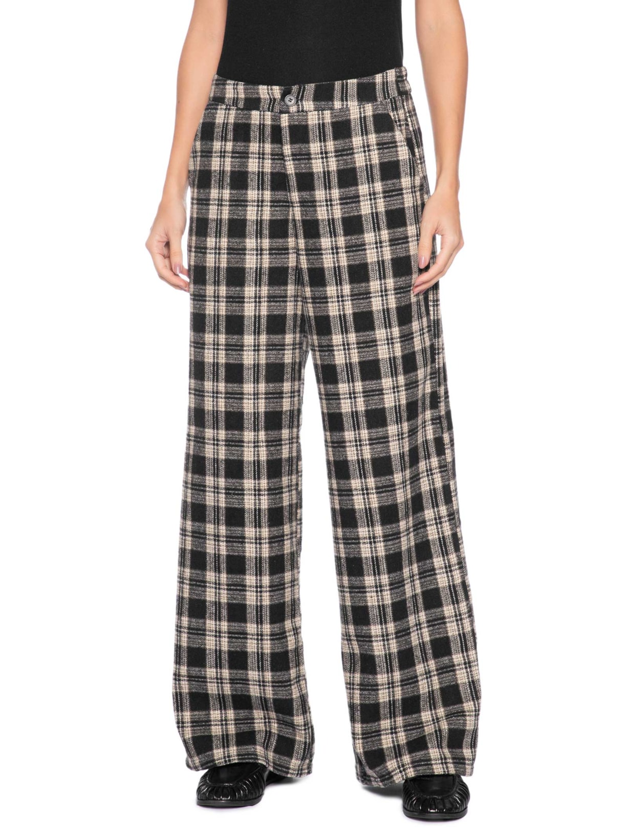 Calça Feminina Pantalona Xadrez Preto Basiq
