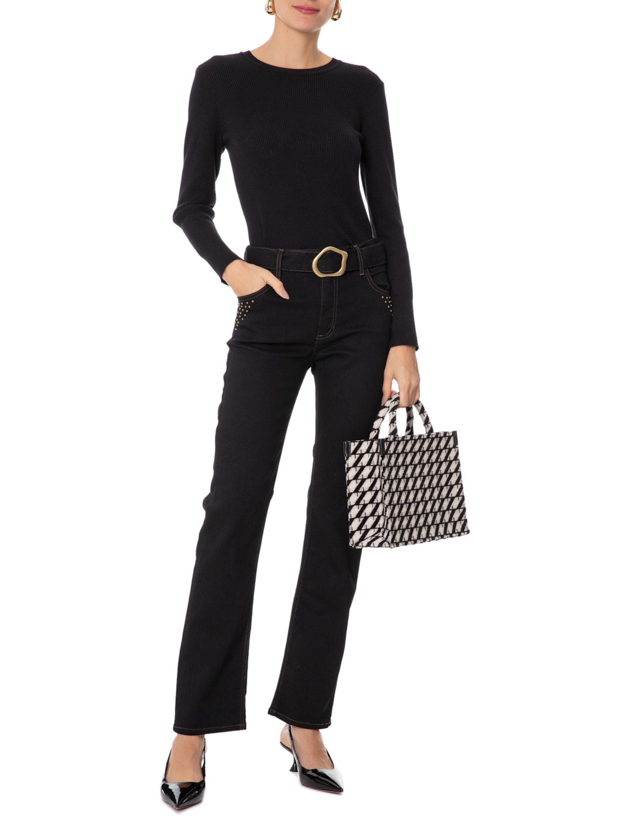 Calça Feminina Paula Cinto Tachas Preto Le Lis