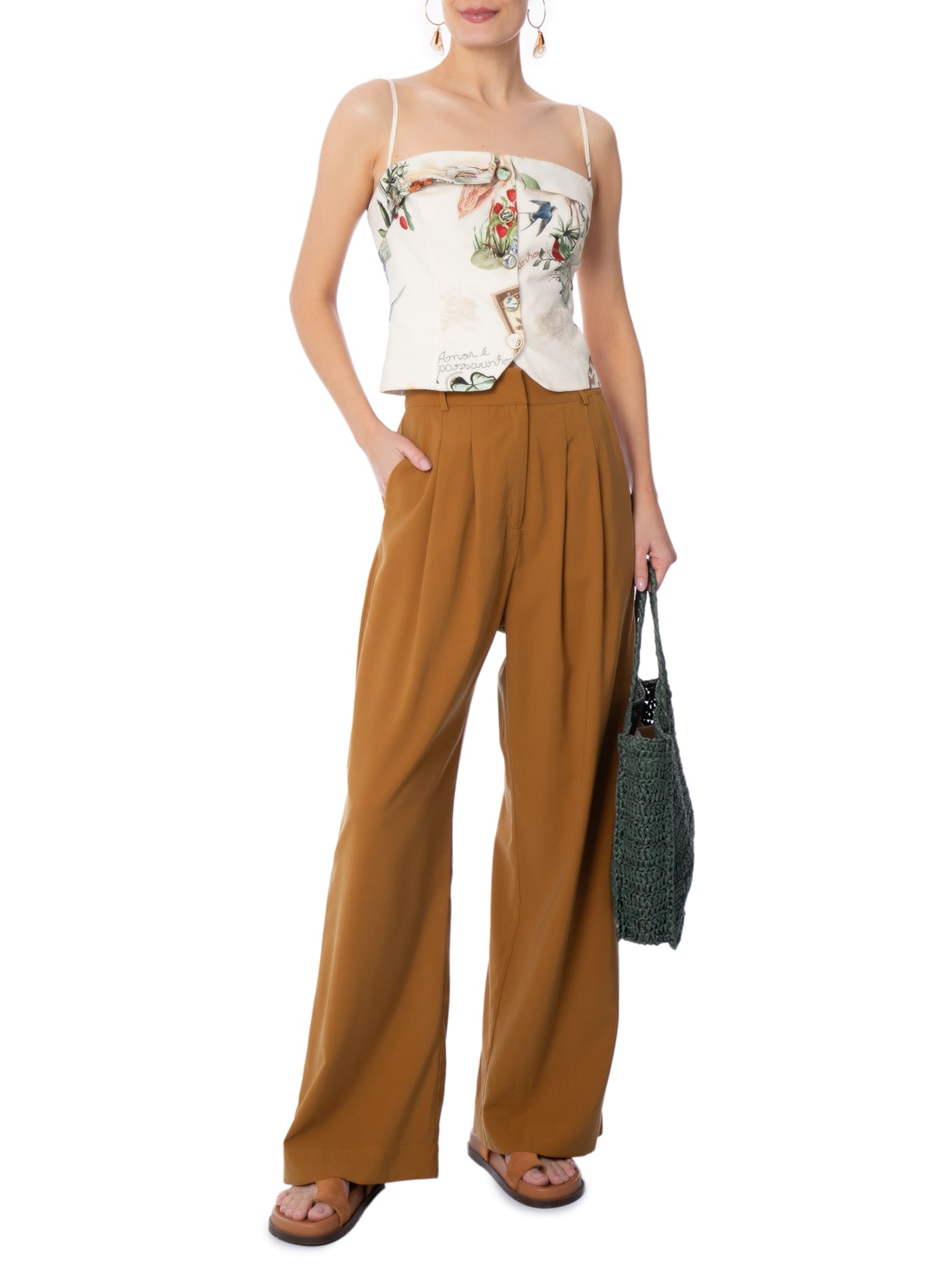 Calça Feminina Pregas Marrom Farm