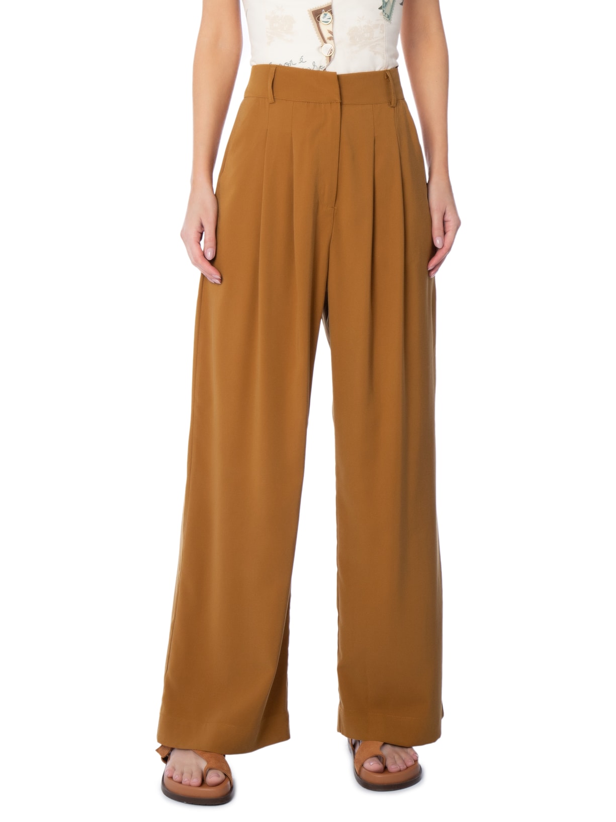 Calça Feminina Pregas Marrom Farm