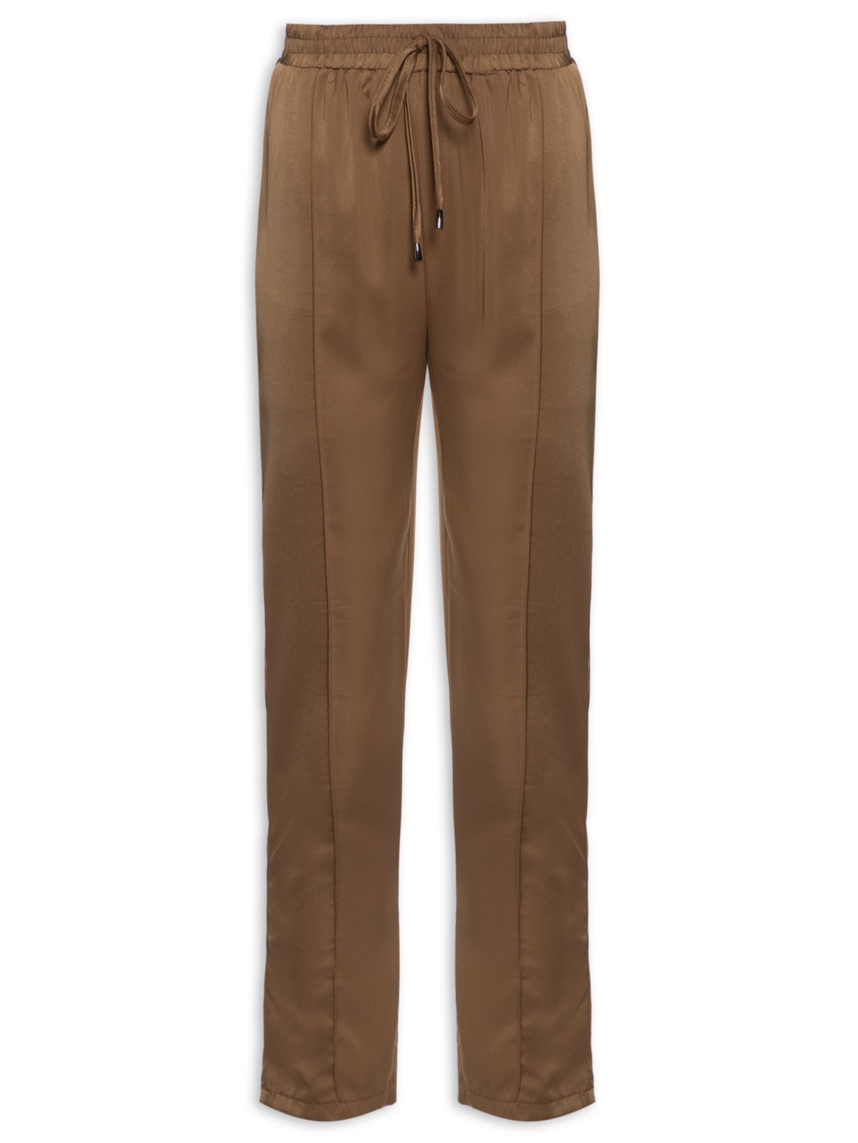 Calça Feminina Reta Acetinada Com Cós De Elástico - Marrom