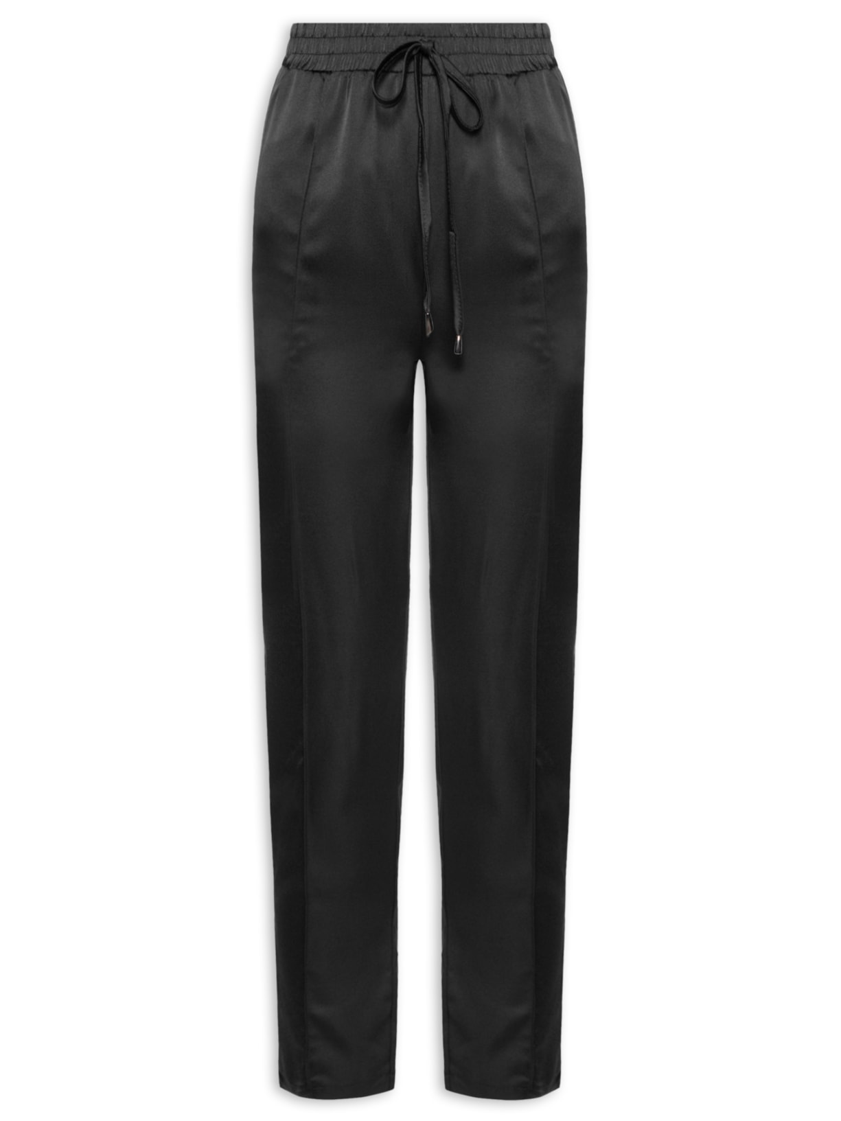 Calça Feminina Reta Acetinada Com Cós De Elástico - Preto