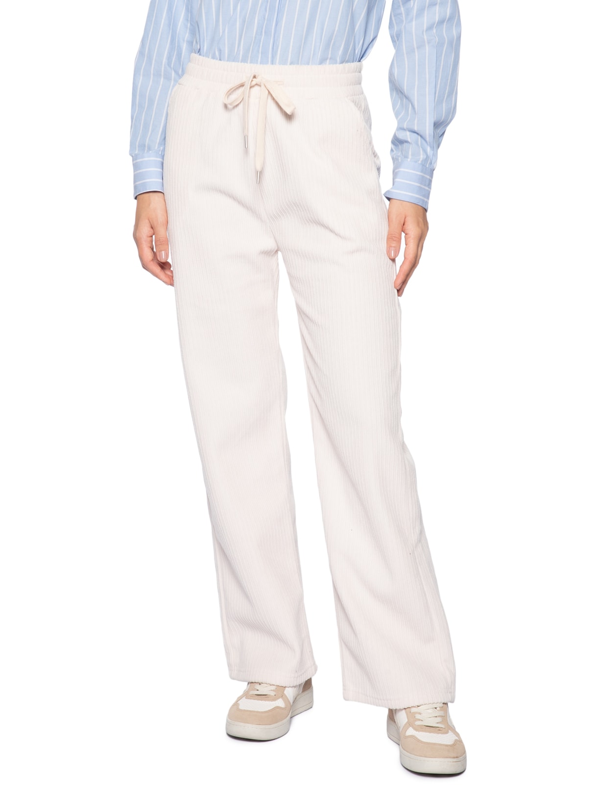 Calça Feminina Reta Canelada Aveludada Off White Basiq