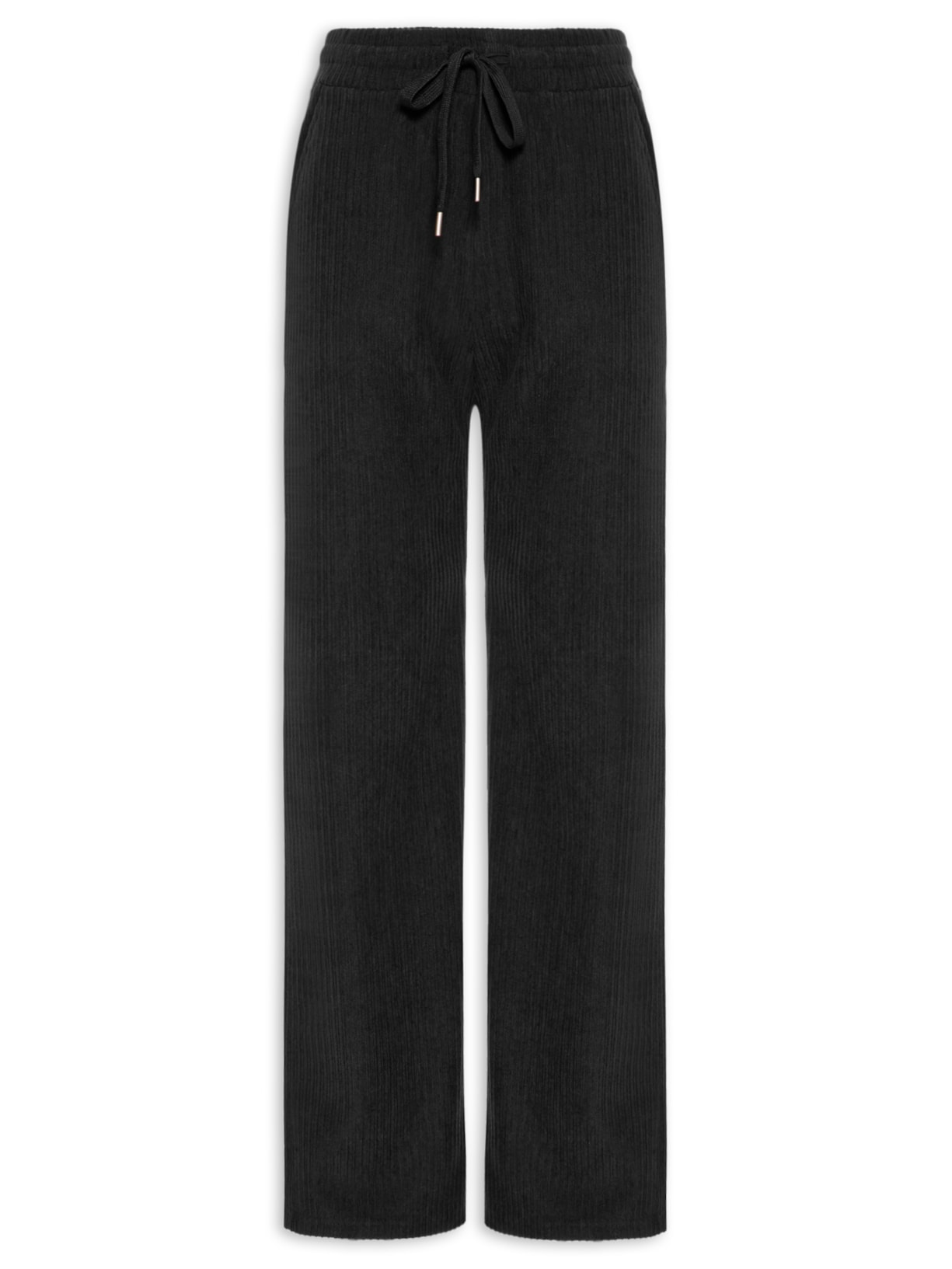 Calça Feminina Reta Canelada Aveludada - Preto
