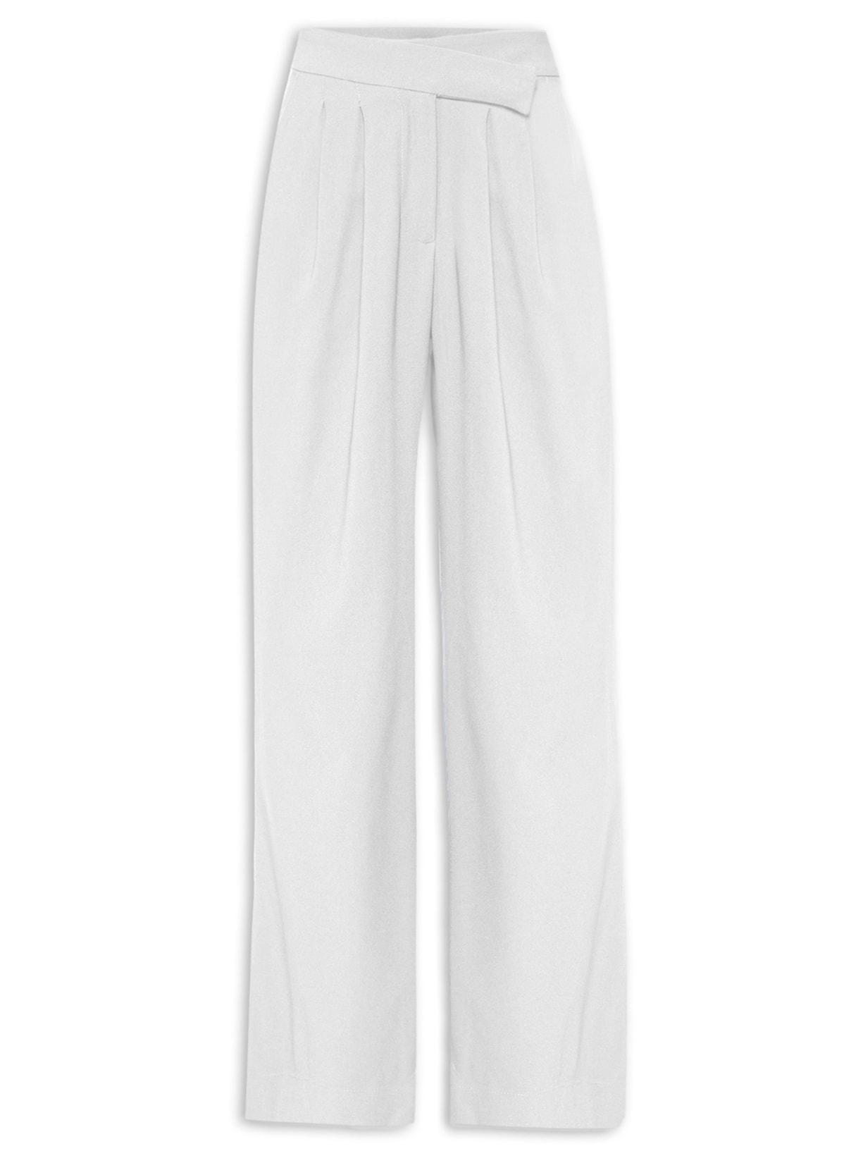 Calça Feminina Reta Cintura Alta Em Crepe Com Cós Transpassado - Branco