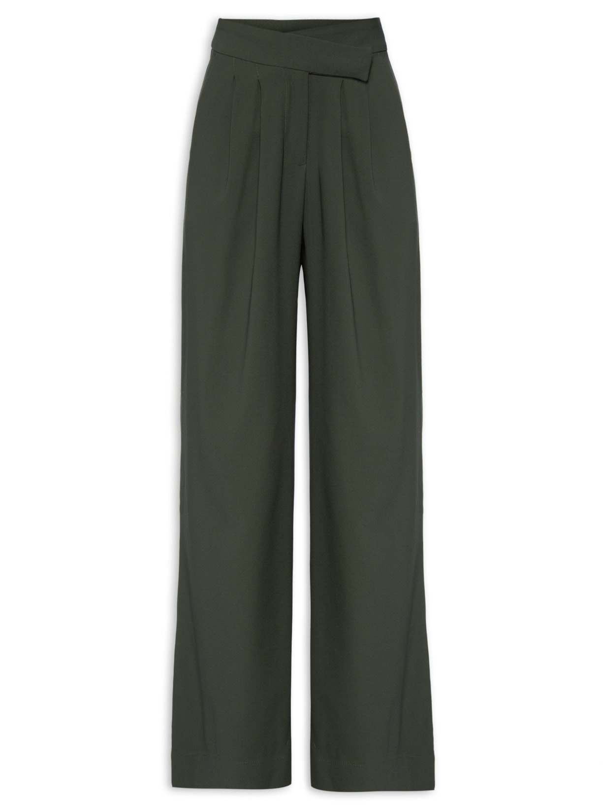 Calça Feminina Reta Cintura Alta Em Crepe Com Cós Transpassado - Verde