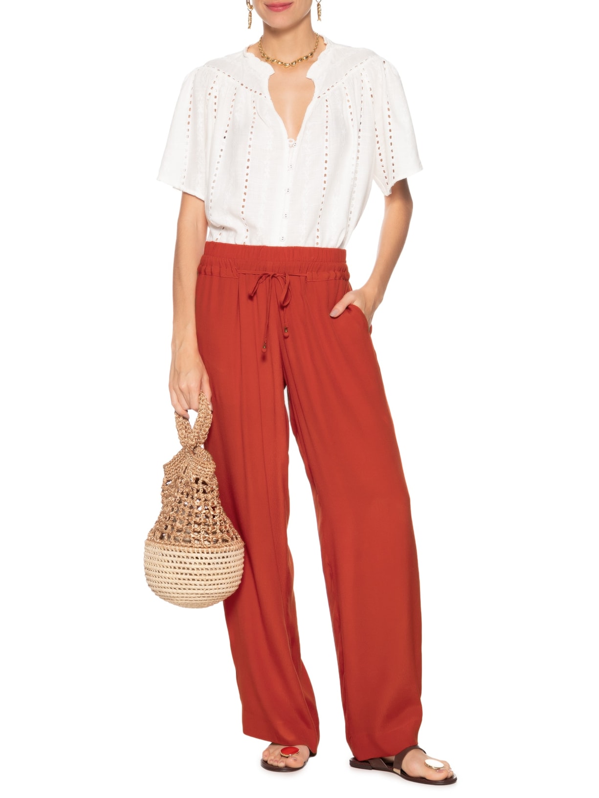 Calça Feminina Reta Cintura Elástico Vermelho Maria Filó