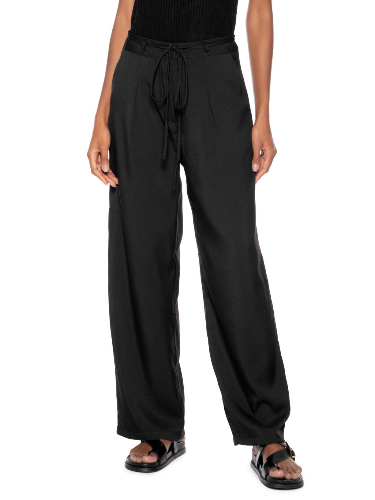 Calça Feminina Reta Com Amarração Preto Basiq