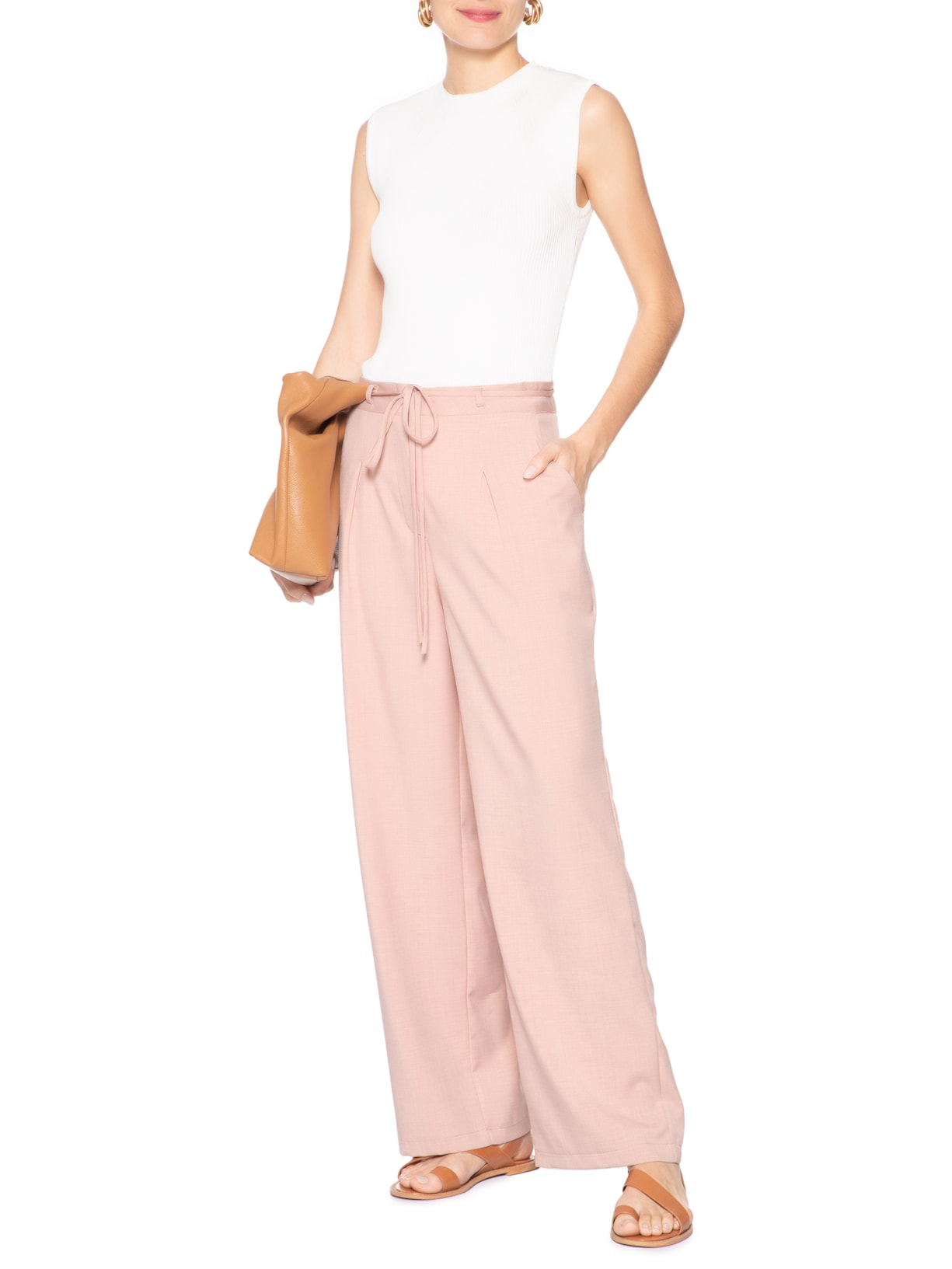 Calça Feminina Reta Com Amarração Rosa Basiq