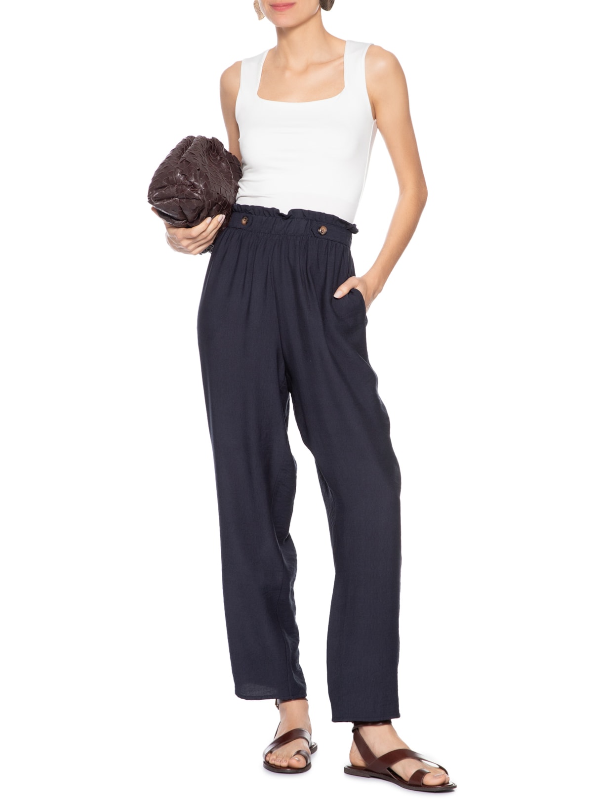 Calça Feminina Reta Com Bolso Azul Basiq