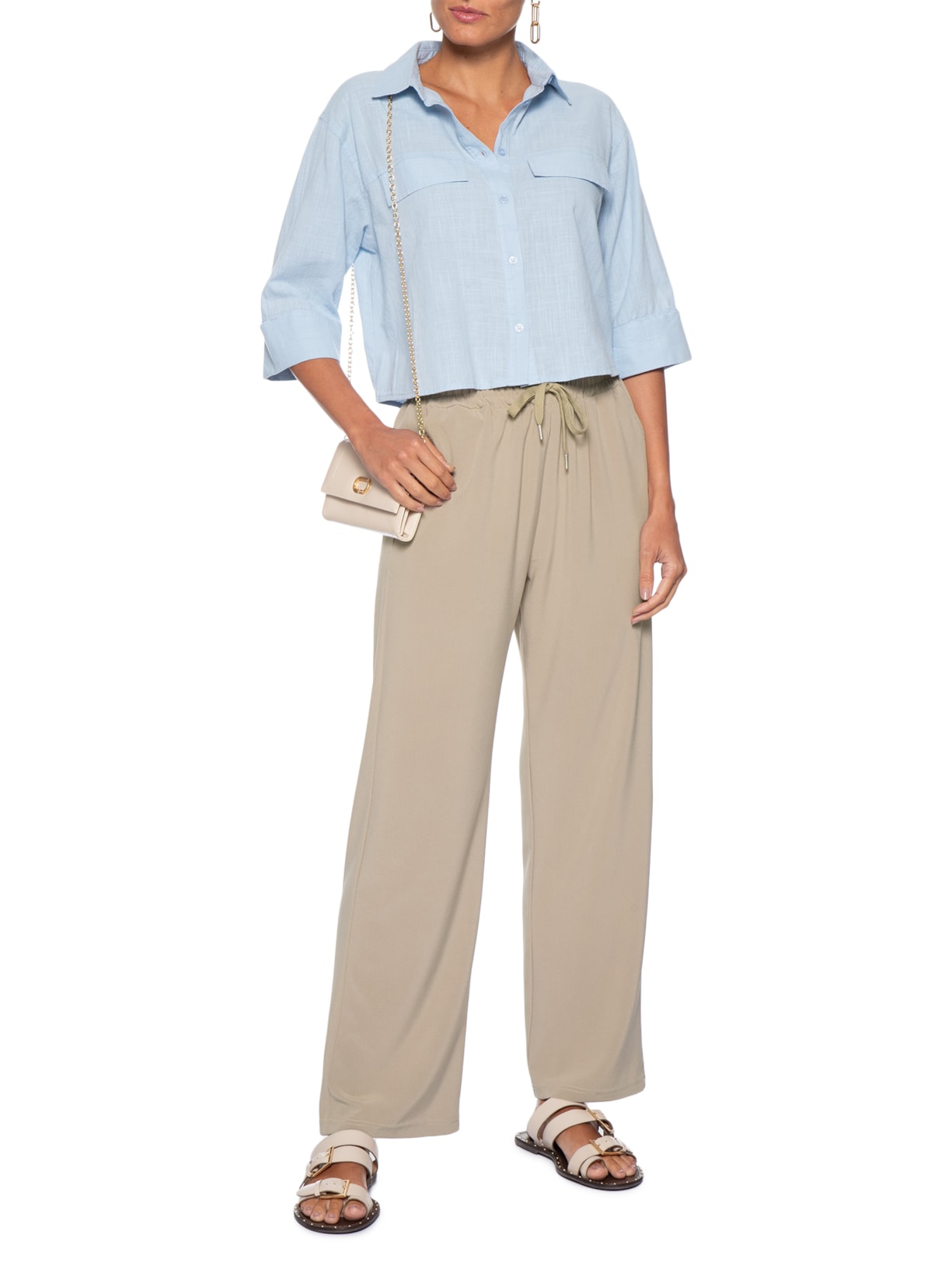 Calça Feminina Reta Com Cordão Bege Basiq