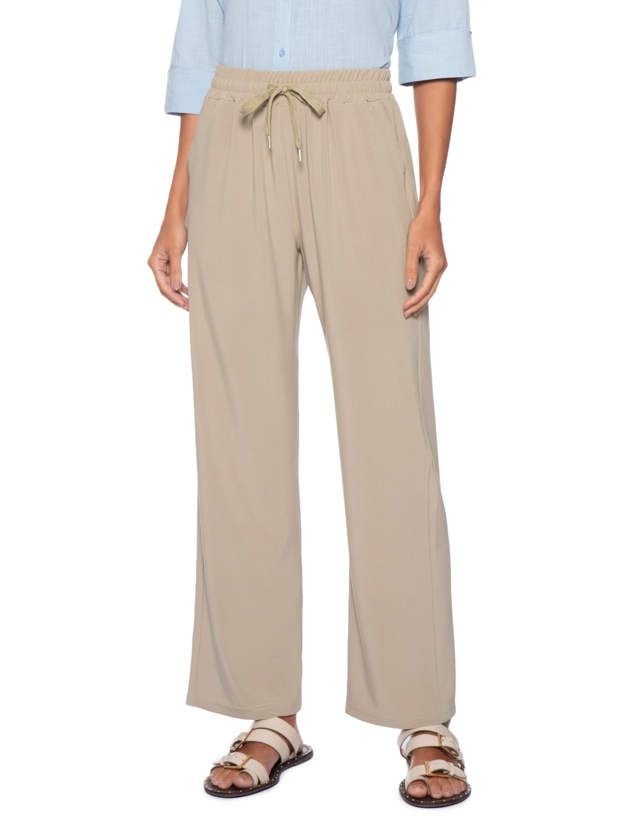 Calça Feminina Reta Com Cordão Bege Basiq