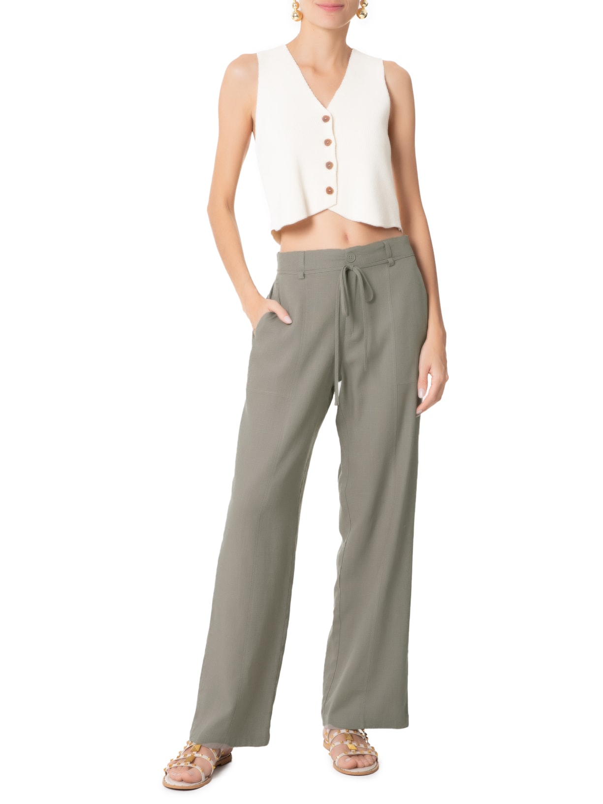 Calça Feminina Reta Com Cordão De Amarração Removível Cinza Market 33