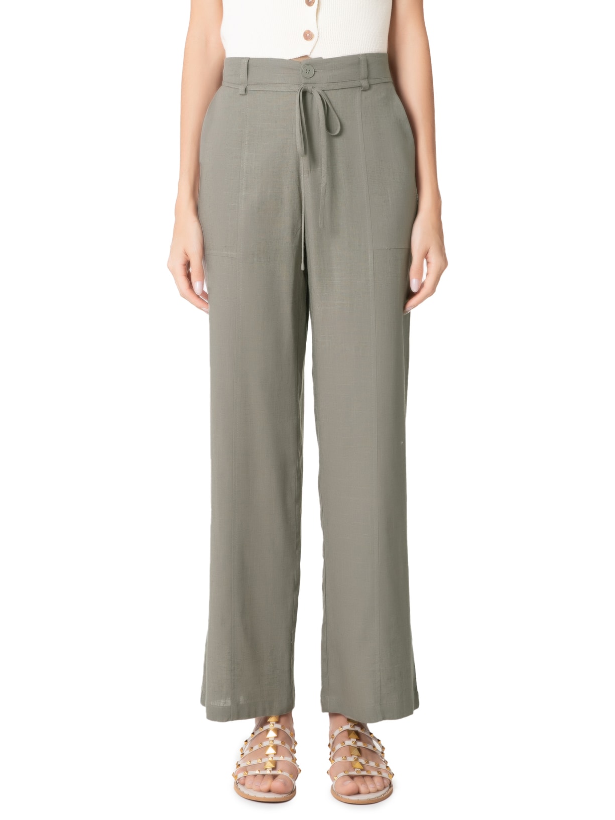 Calça Feminina Reta Com Cordão De Amarração Removível Cinza Market 33