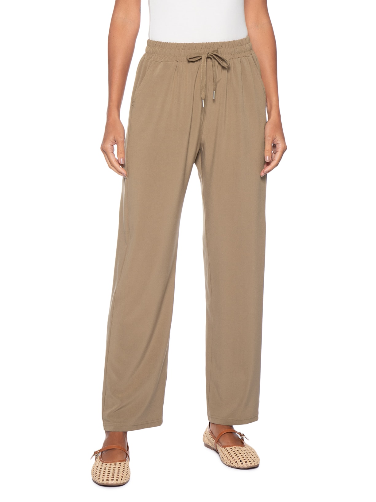 Calça Feminina Reta Com Cordão Marrom Basiq