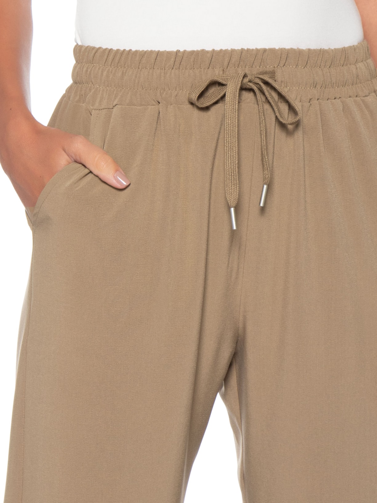 Calça Feminina Reta Com Cordão Marrom Basiq