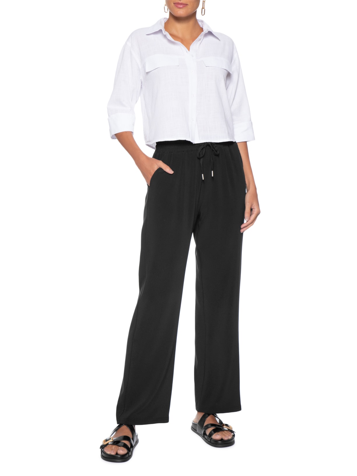Calça Feminina Reta Com Cordão Preto Basiq
