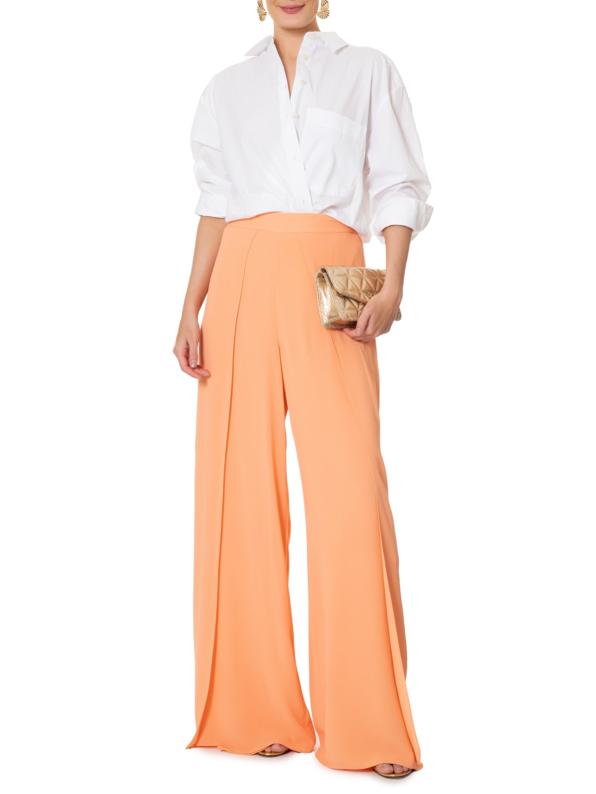 Calça Feminina Reta Coral Conha Recorte Frontal Laranja Animale