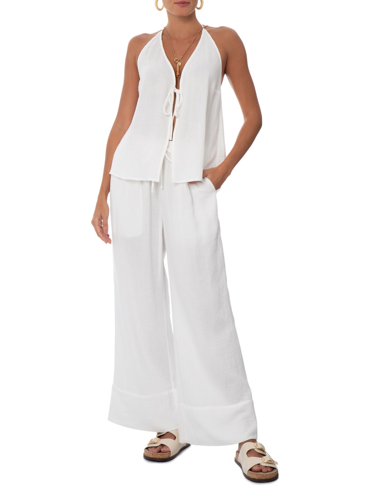 Calça Feminina Reta Crinkle – Branco Farm Praia