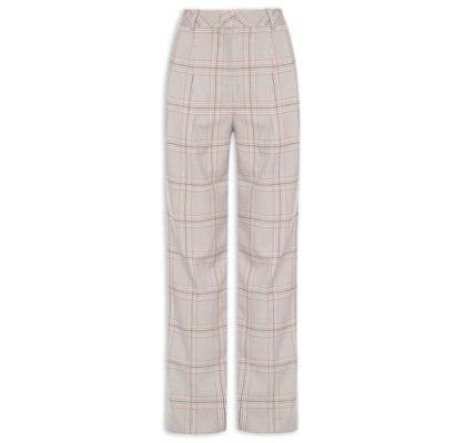 Calça Feminina Reta De Alfaiataria Xadrez - Cinza