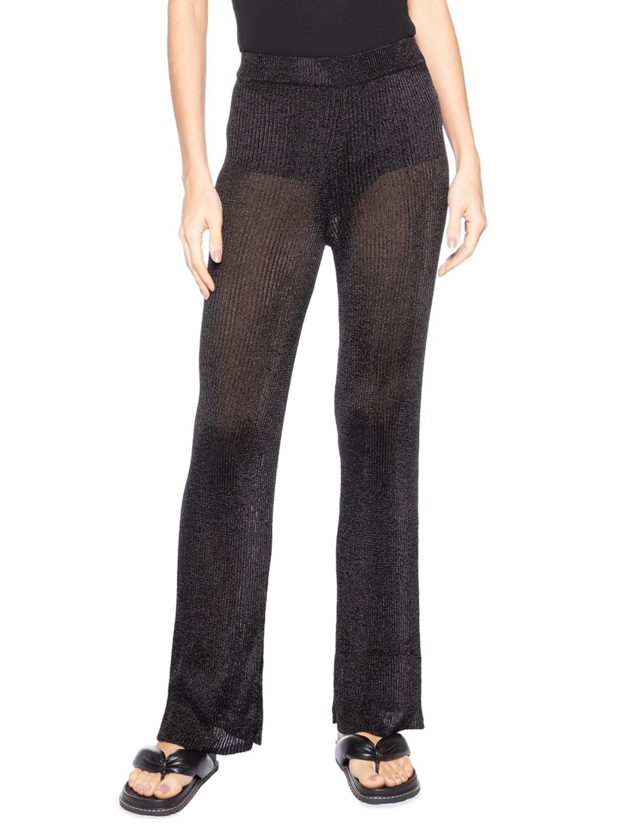 Calça Feminina Reta de Tricot com Transparência Preto Animale Jeans