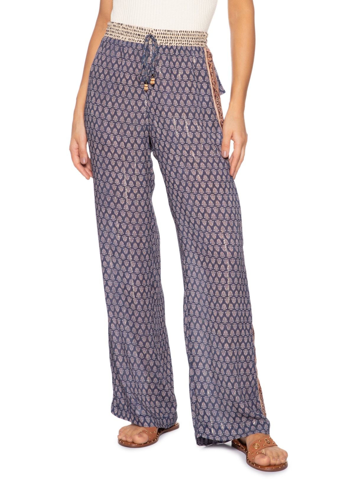 Calça Feminina Reta Elástico Estampa Pailin Azul Maria Filó