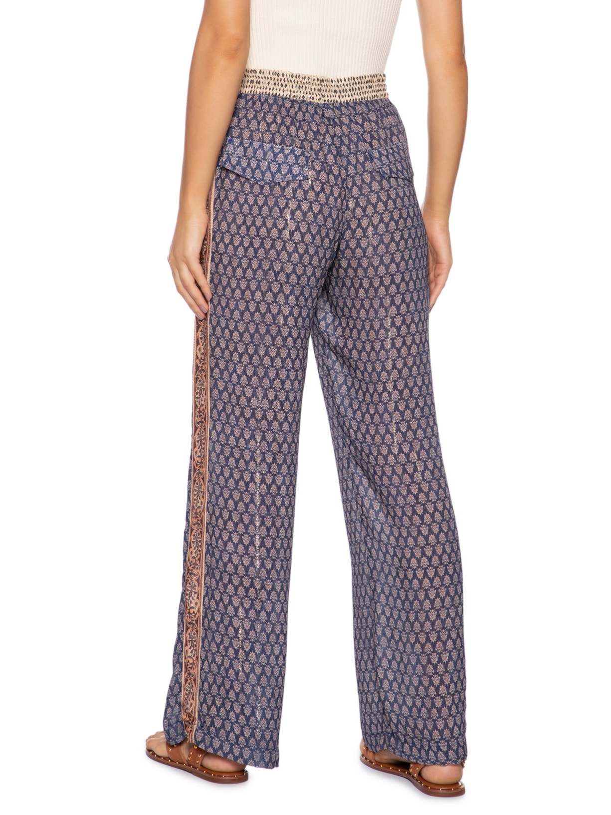 Calça Feminina Reta Elástico Estampa Pailin Azul Maria Filó