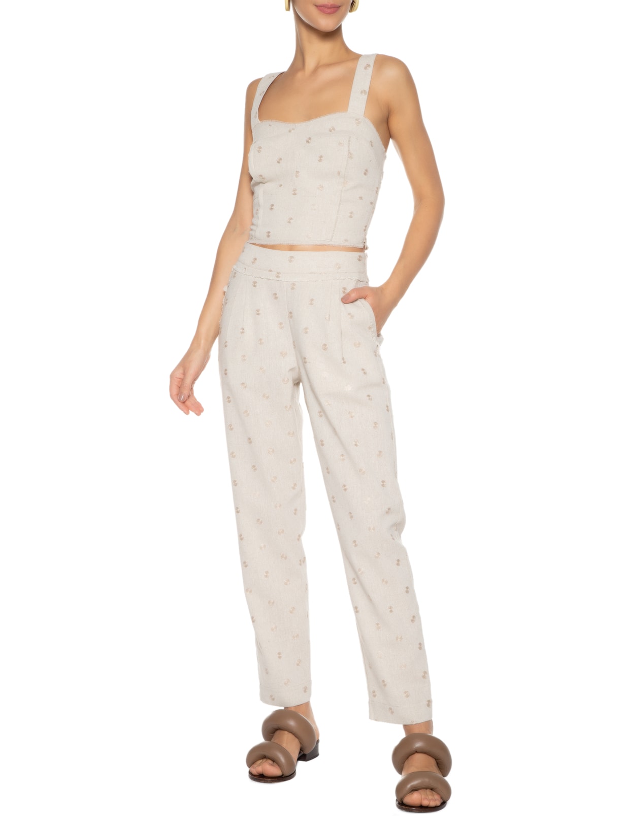 Calça Feminina Reta Em Linho Misto Bordado Bege '2Essential