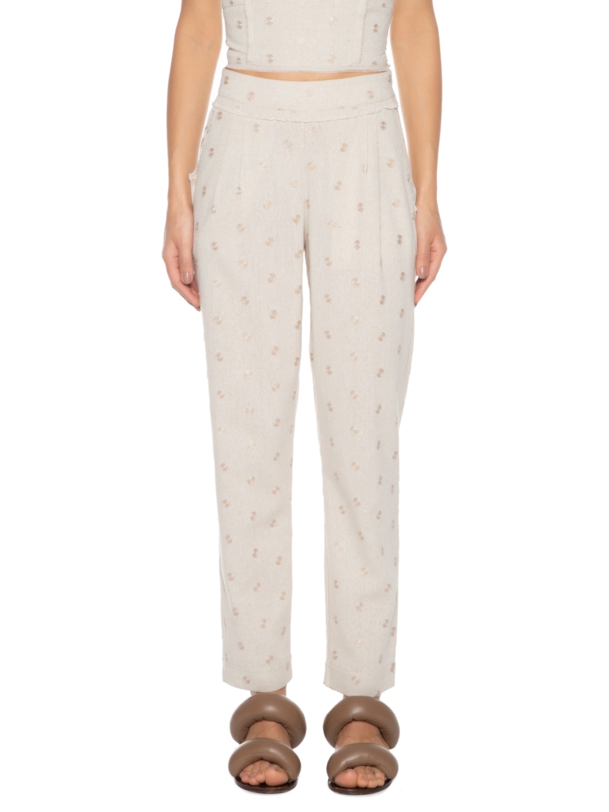 Calça Feminina Reta Em Linho Misto Bordado Bege '2Essential