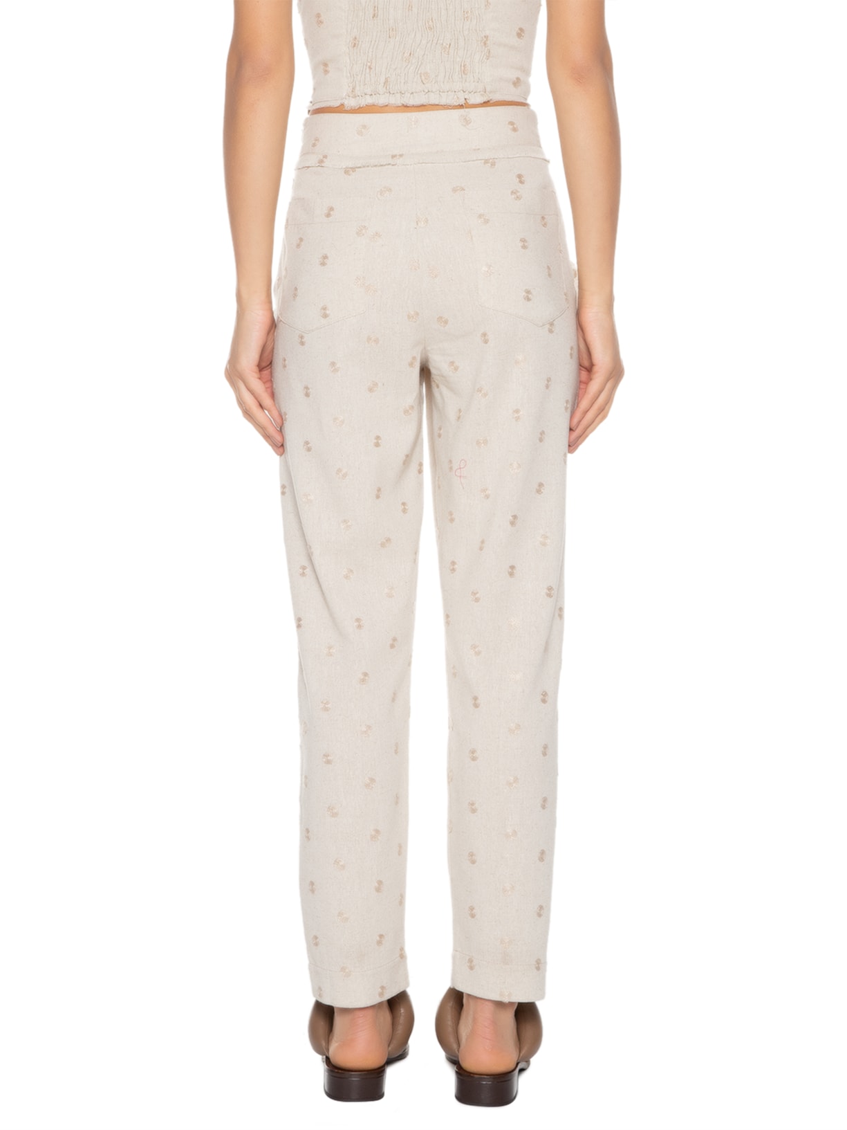 Calça Feminina Reta Em Linho Misto Bordado Bege '2Essential