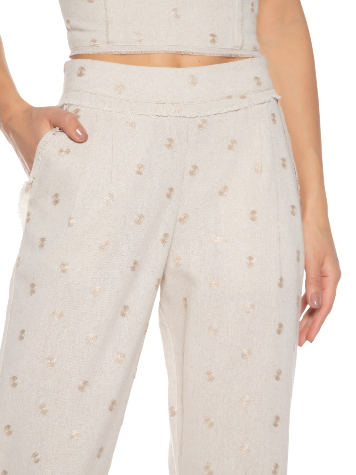 Calça Feminina Reta Em Linho Misto Bordado Bege '2Essential
