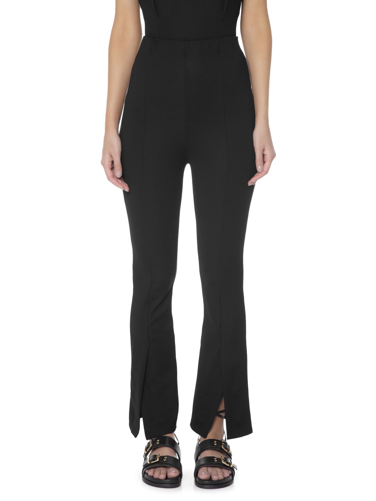 Calça Feminina Reta Em Malha Cintura Alta Preto '2Essential