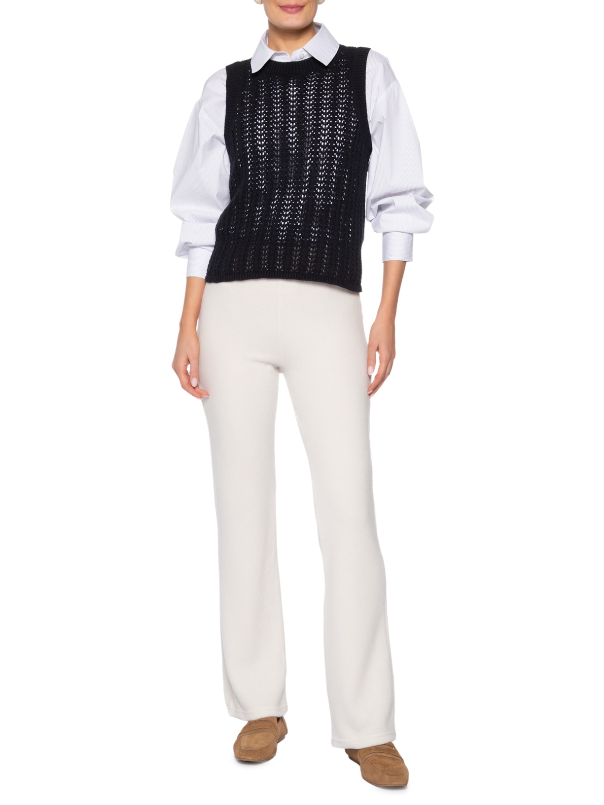 Calça Feminina Reta em Malha Off White Basiq