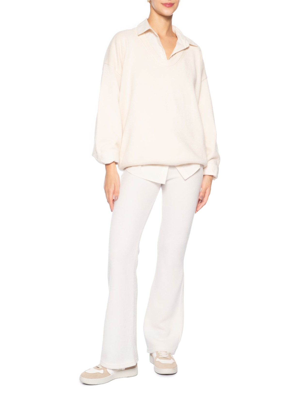 Calça Feminina Reta em Malha Off White Basiq
