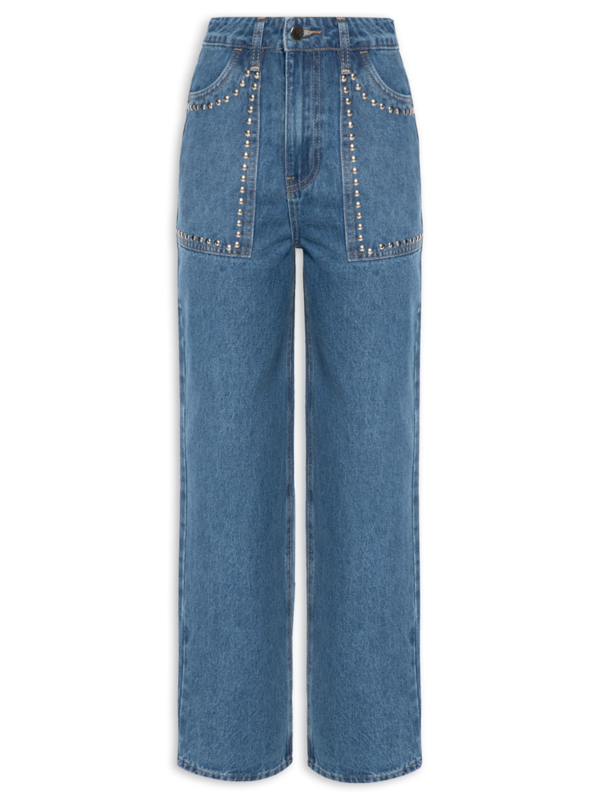 Calça Feminina Reta Jeans Com Detalhes Em Tachas - Azul