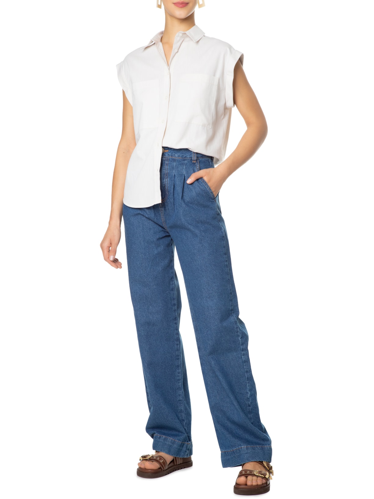 Calça Feminina Reta Jeans Com Pregas Azul '2Essential