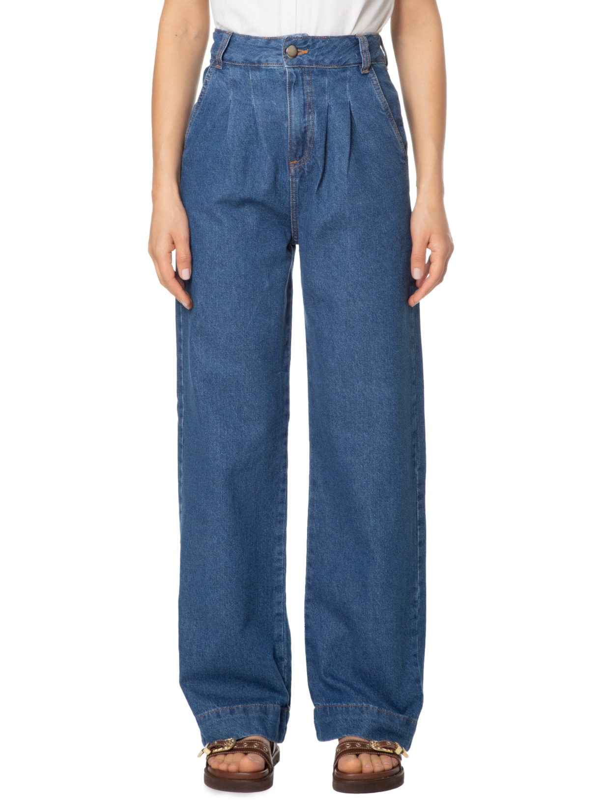 Calça Feminina Reta Jeans Com Pregas Azul '2Essential