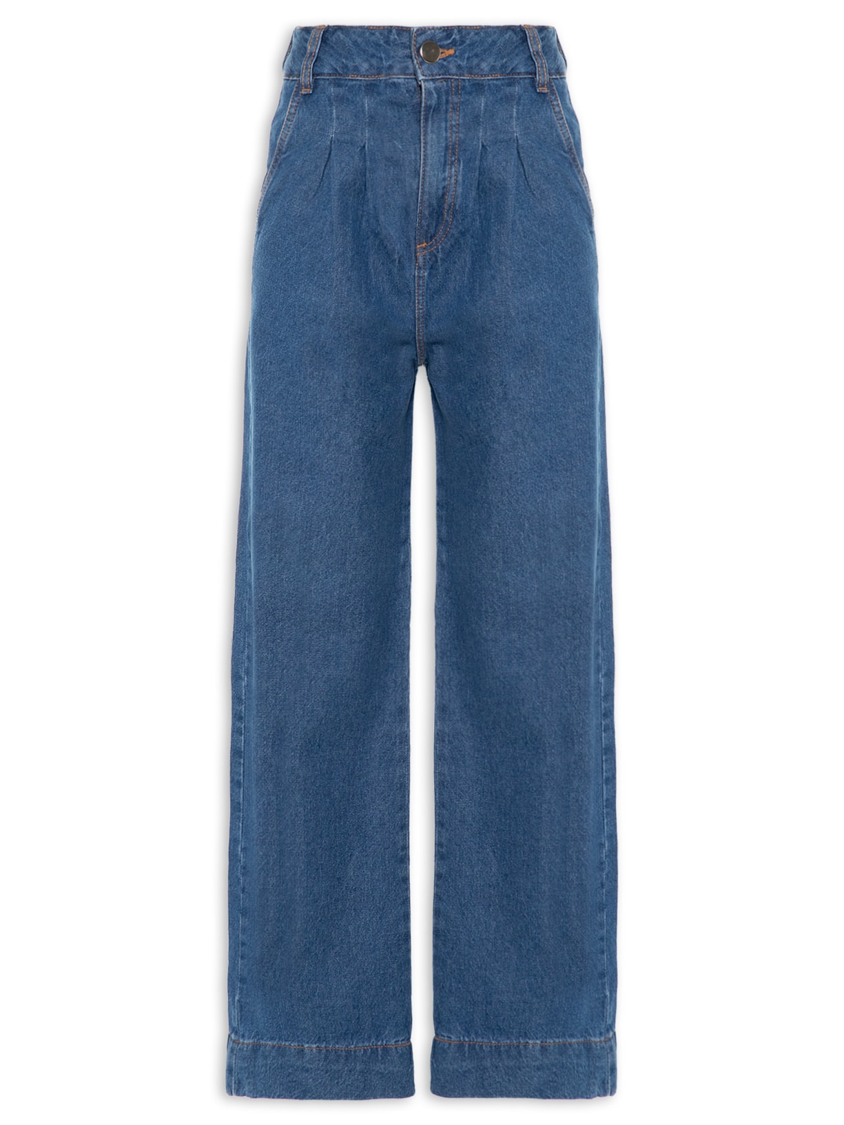 Calça Feminina Reta Jeans Com Pregas Azul '2Essential