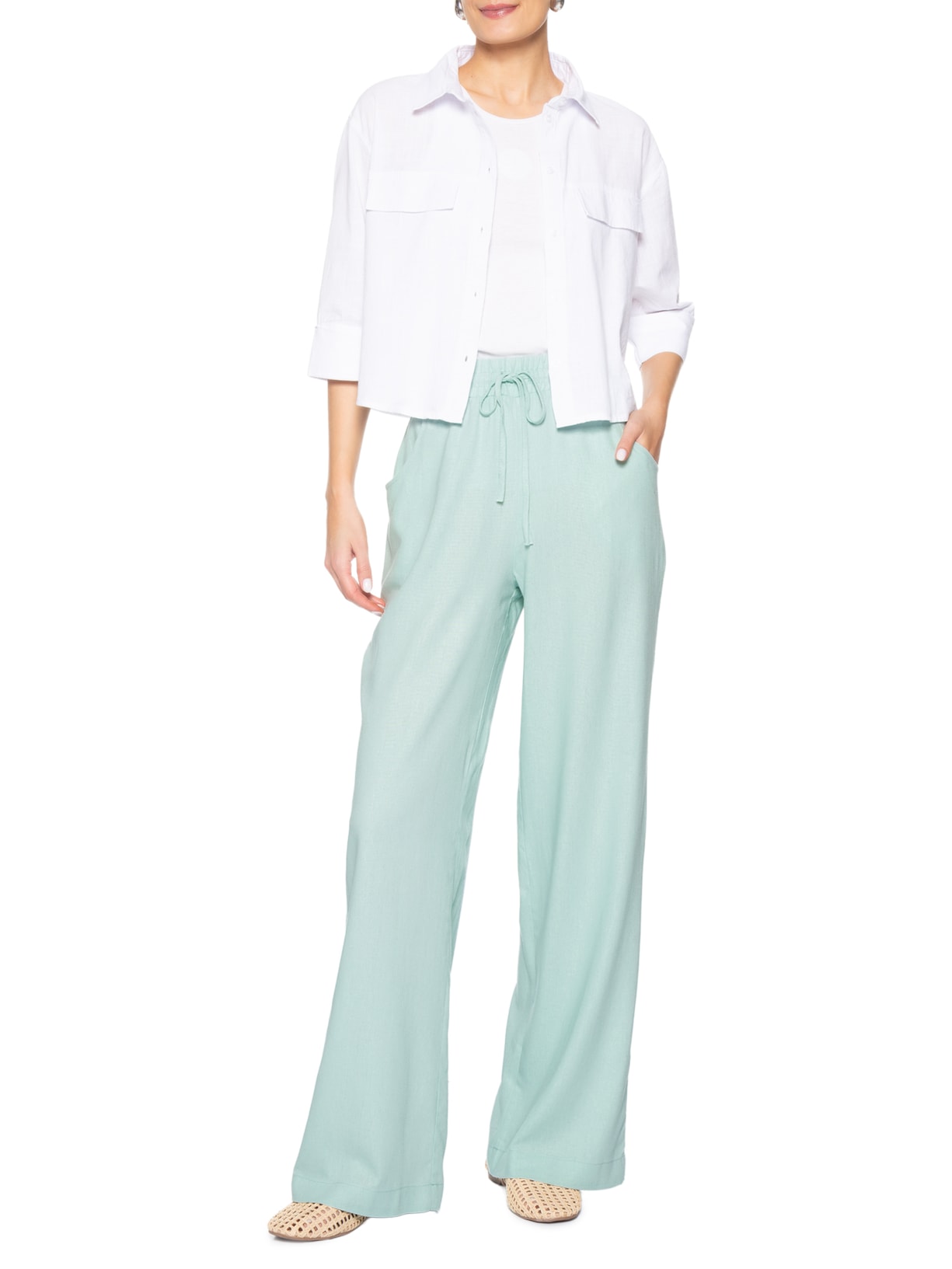 Calça Feminina Reta linho Com Bolsos Azul Basiq