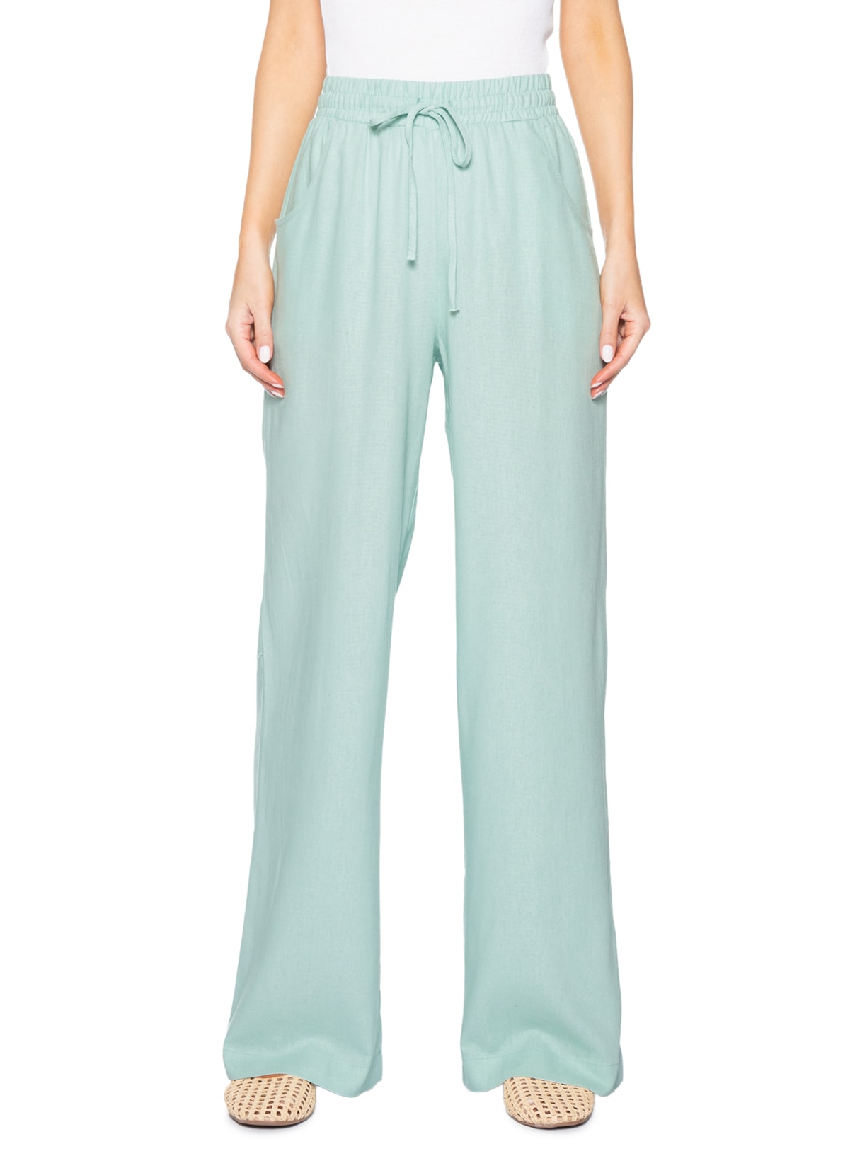 Calça Feminina Reta linho Com Bolsos Azul Basiq