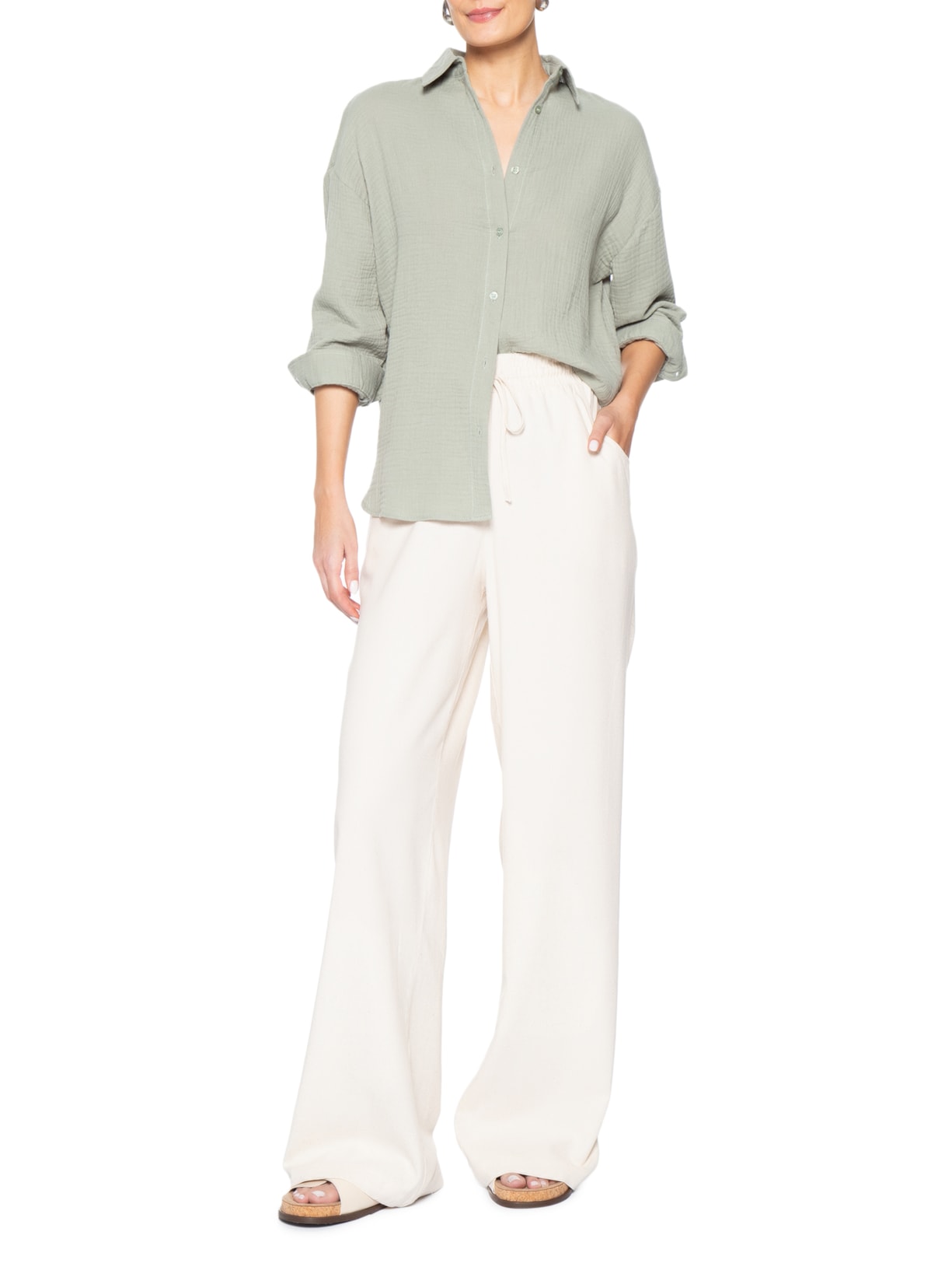 Calça Feminina Reta linho Com Bolsos Off White Basiq
