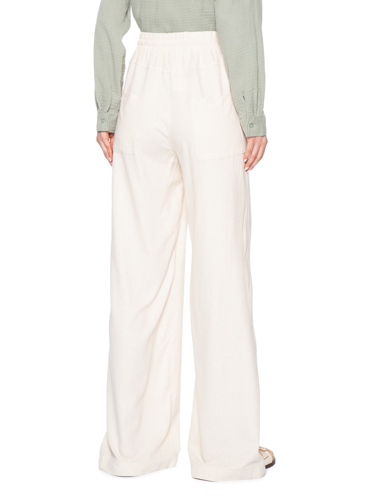 Calça Feminina Reta linho Com Bolsos Off White Basiq