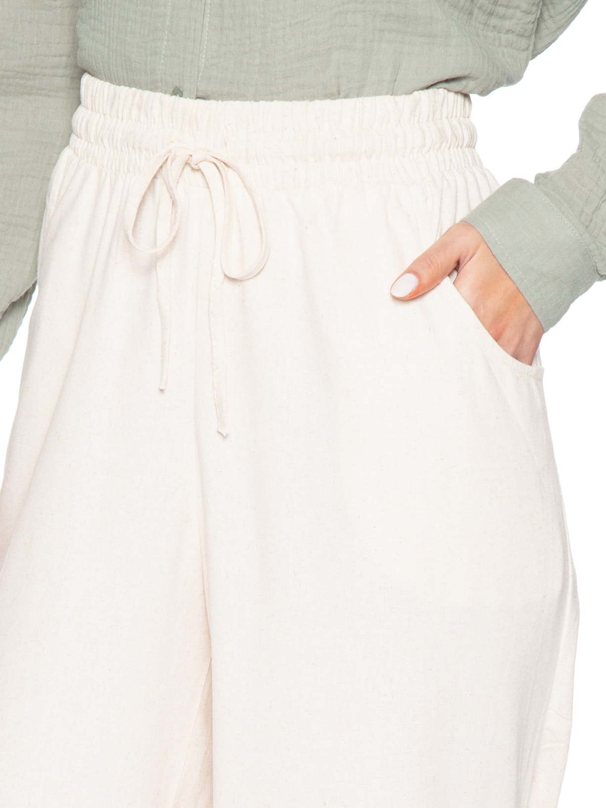 Calça Feminina Reta linho Com Bolsos Off White Basiq
