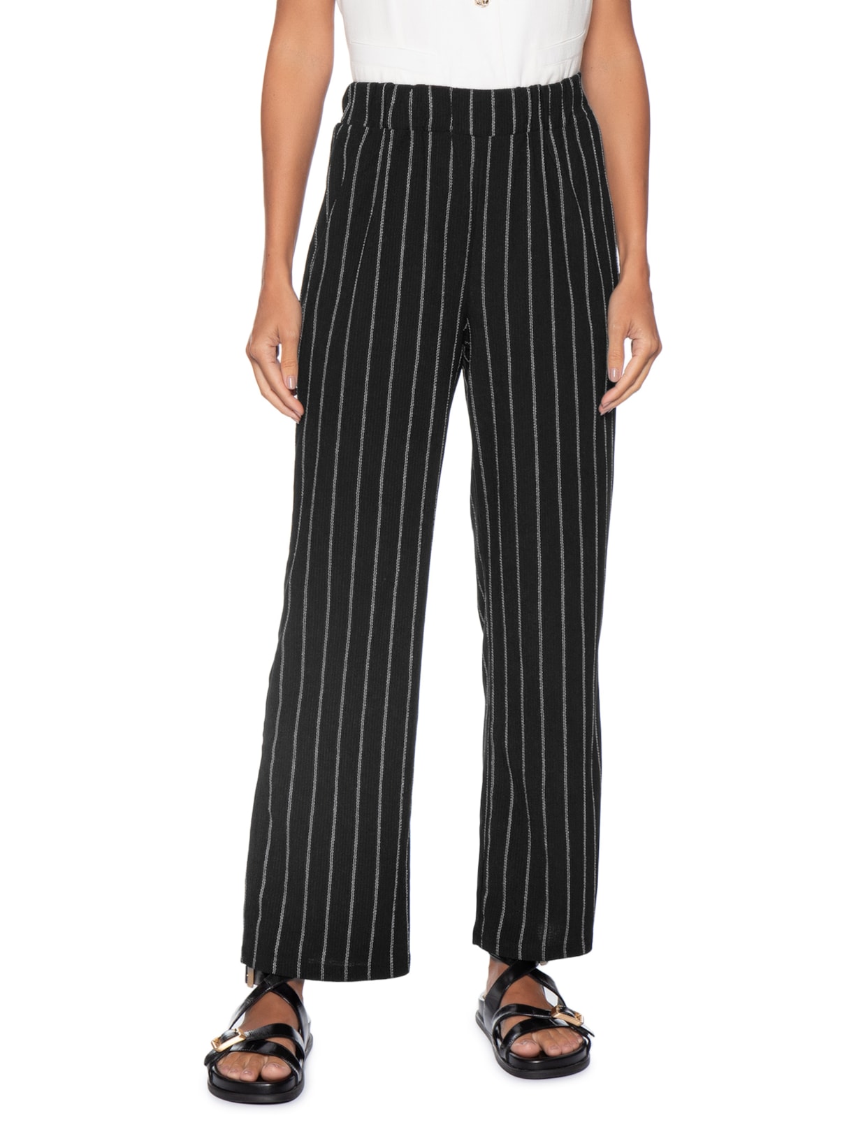 Calça Feminina Reta Listrada Preto Basiq